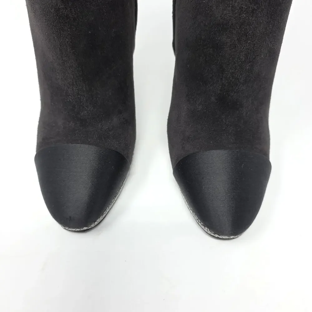 Chanel Suede Ankle Boots CC Logo Cap Toe Grey Black Silver Heels 37 6.5